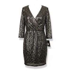 JS‎ Boutique Black Silver Sequin Surplice Mini Cocktail Dress Women's 6 – NWT